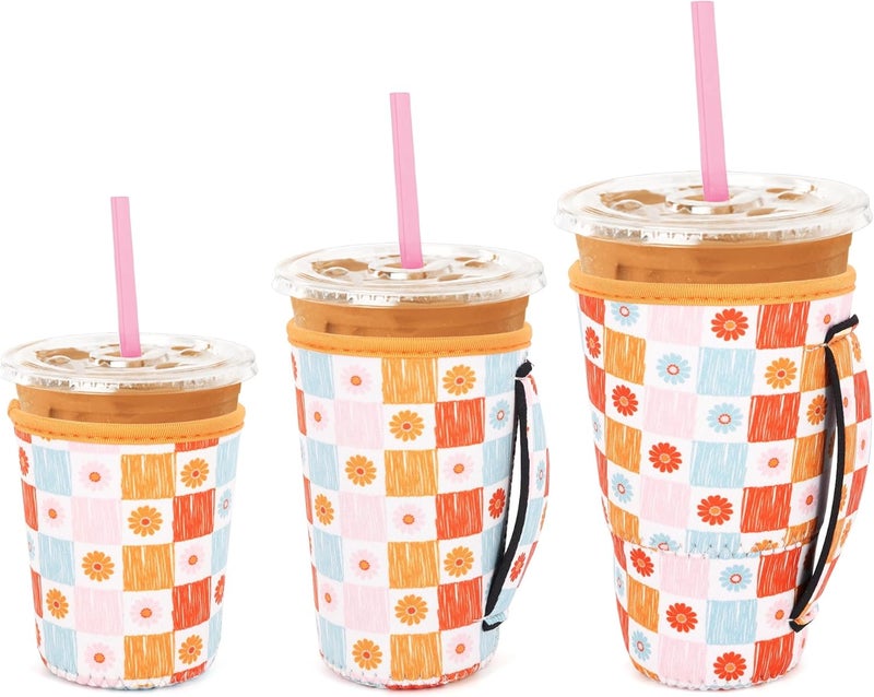 Snowso 3 Pack Iced Coffee sleeve Insulated Neoprene Cup Sleeves with handle For Cold Drinks Beverages, Reusable Cup Holder for 16oz-32oz Coffee Cups (Groovy Flowers) - Image 1